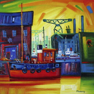 A vibrant, colorful painting of boats docked at a harbor with buildings and a crane in the background. By Raymond Murray